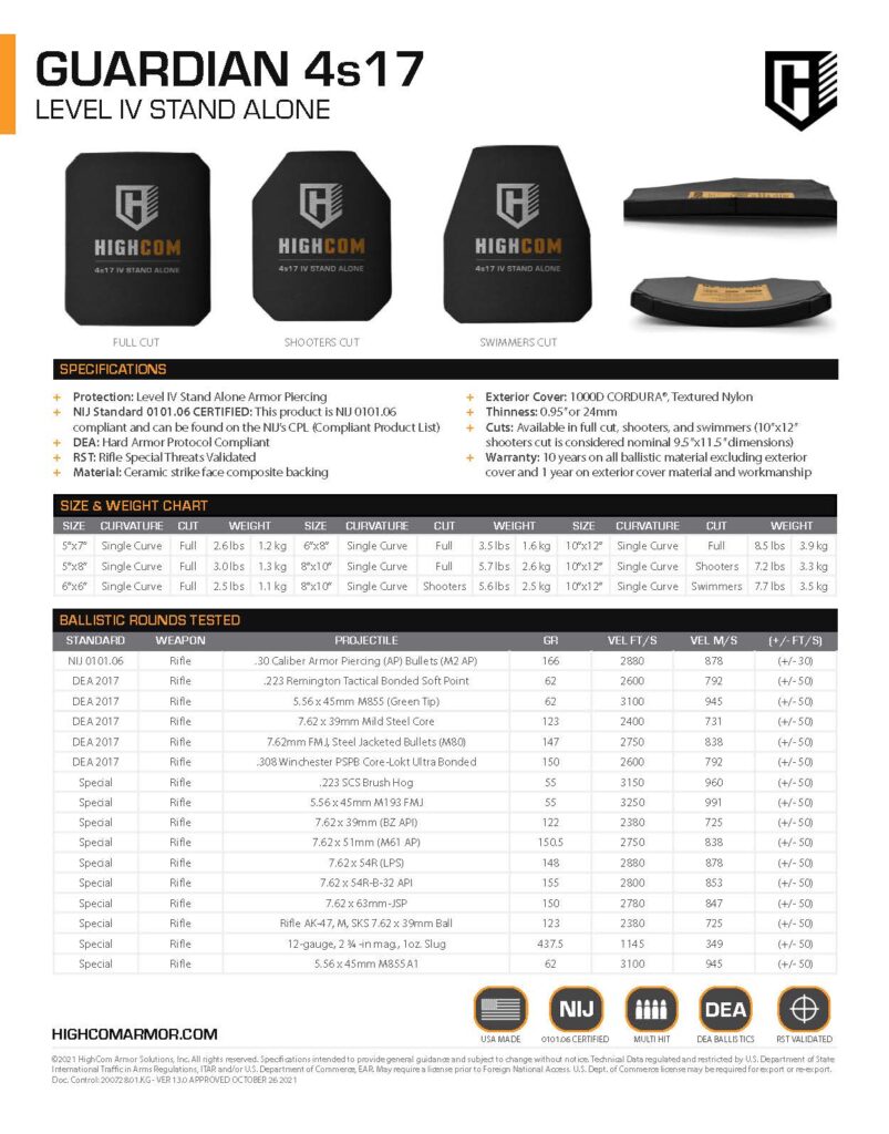 HighCom Armor Guardian 4s17m Hard Armor Product Spec PDF page