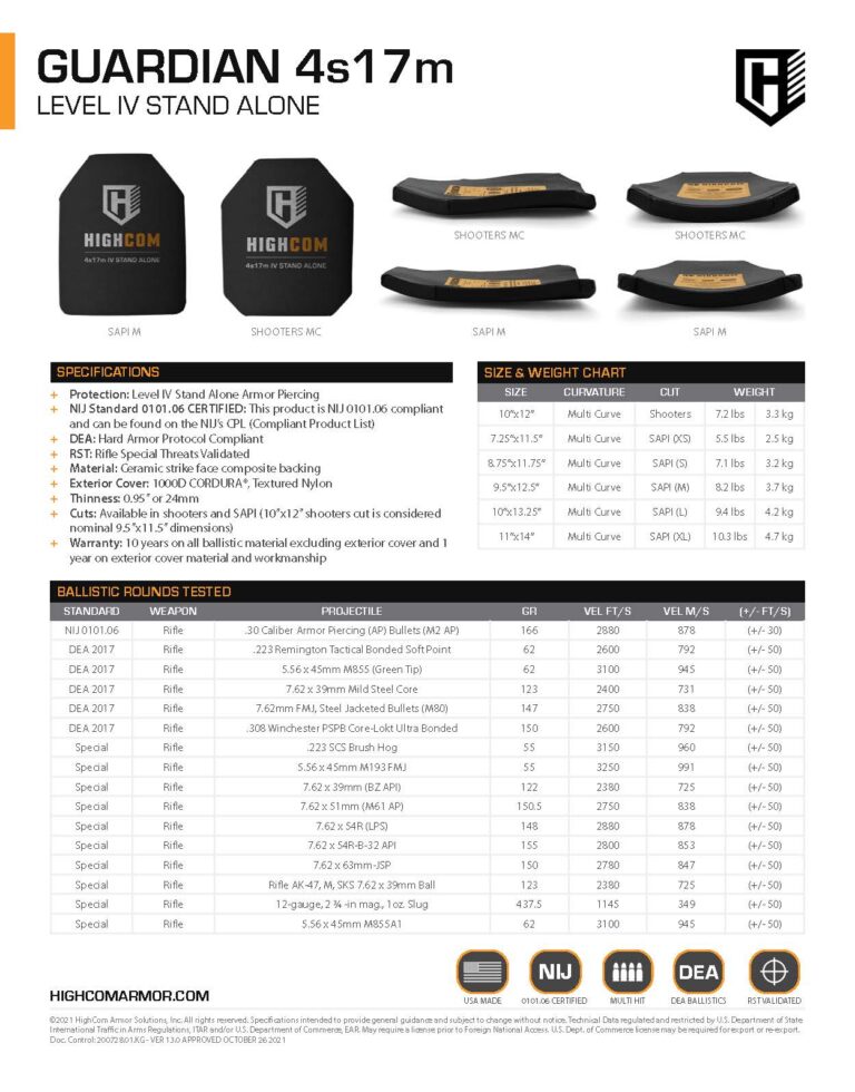 HighCom Armor Guardian 4s17m Hard Armor Plate Product Spec PDF page