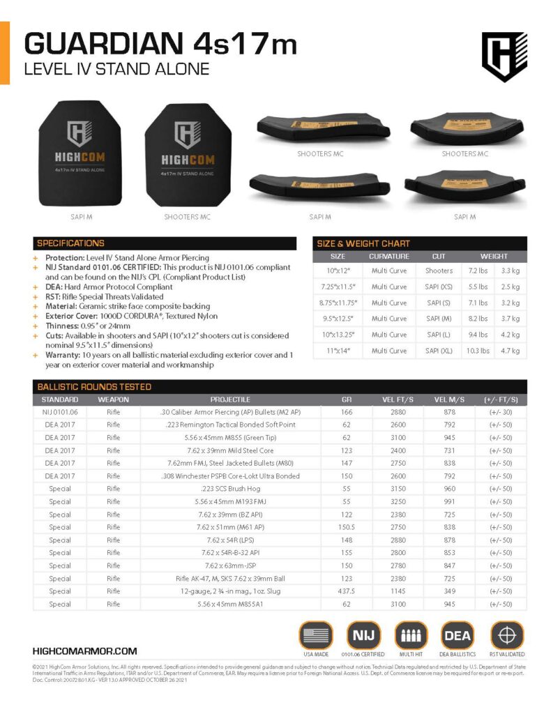 HighCom Armor Guardian 4s17m Hard Armor Plate Product Spec PDF page