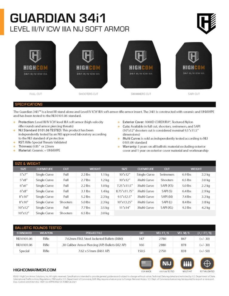 HighCom Armor Guardian 34i1 Hard Armor Plate Product Spec PDF page