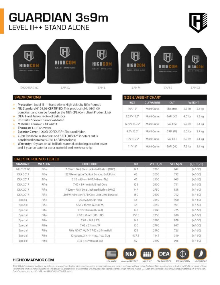 HighCom Armor Guardian 3s9m Hard Armor Product Spec PDF page