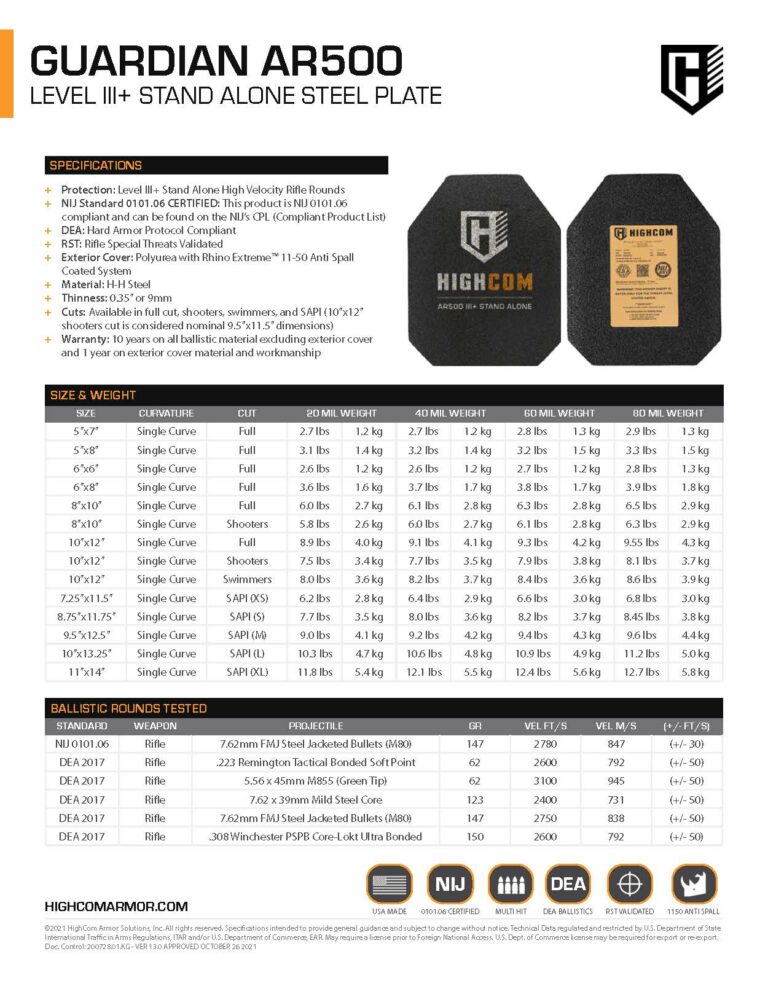 HighCom Armor Guardian AR500 Hard Armor Plate Product Spec PDF page