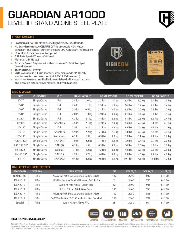 HighCom Armor Guardian AR1000 Hard Armor Product Spec PDF page