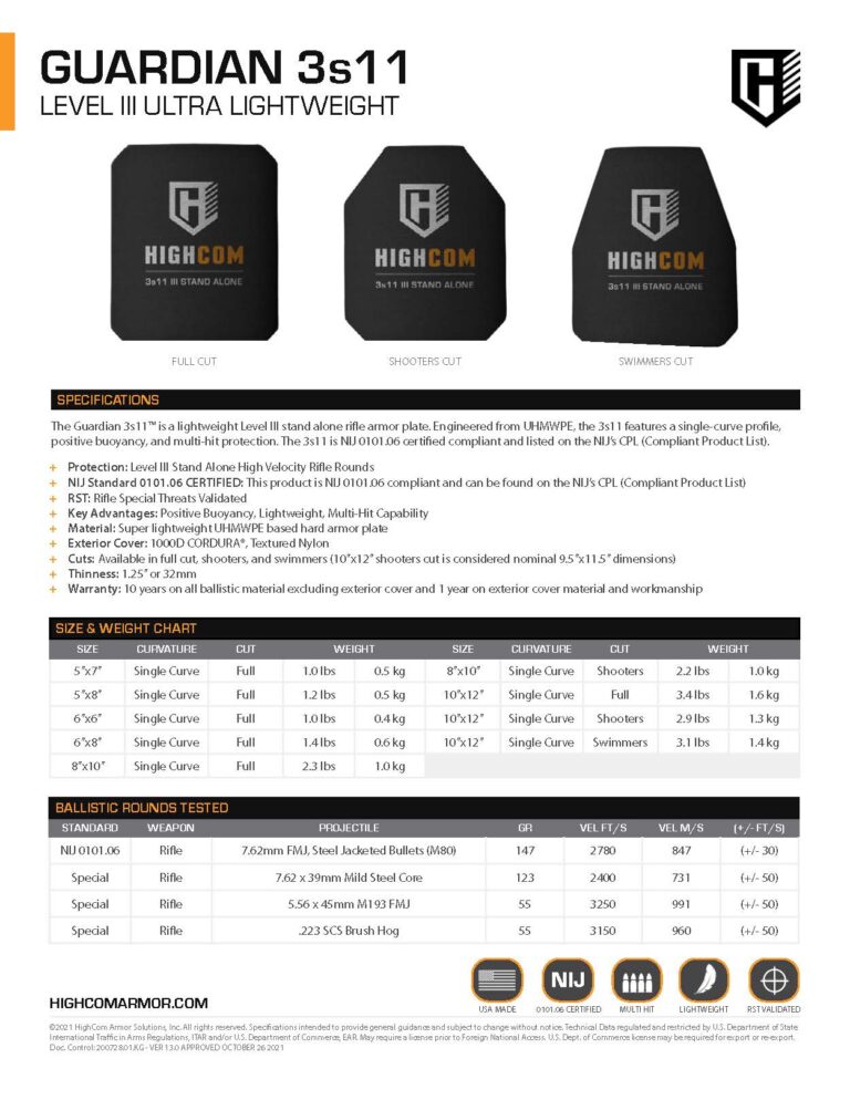 HighCom Armor Guardian 3s11m Hard Armor Plate Product Spec PDF page
