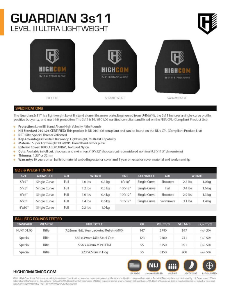 HighCom Armor Guardian 3s11m Hard Armor Plate Product Spec PDF page