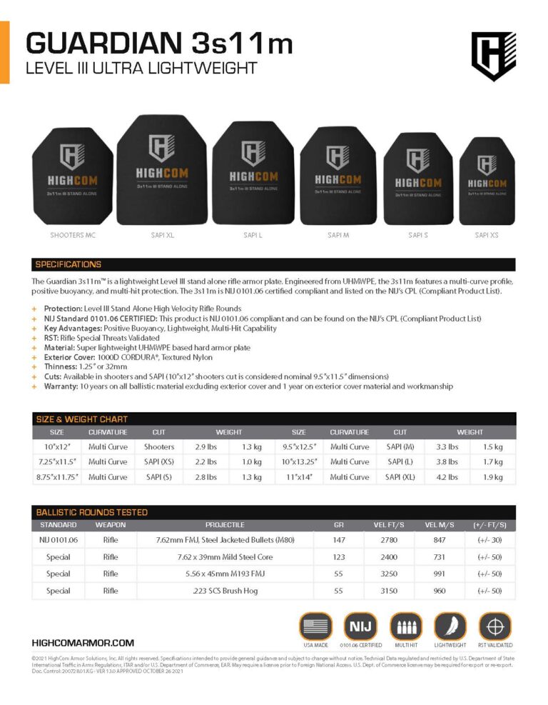 HighCom Armor Guardian 3s11m Hard Armor Plate Product Spec PDF page