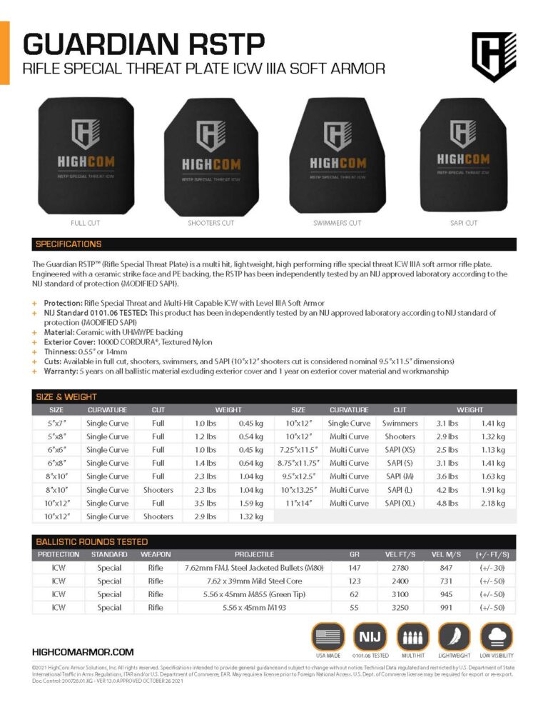 HighCom Armor Guardian RSTP Hard Armor Plate Product Spec PDF page
