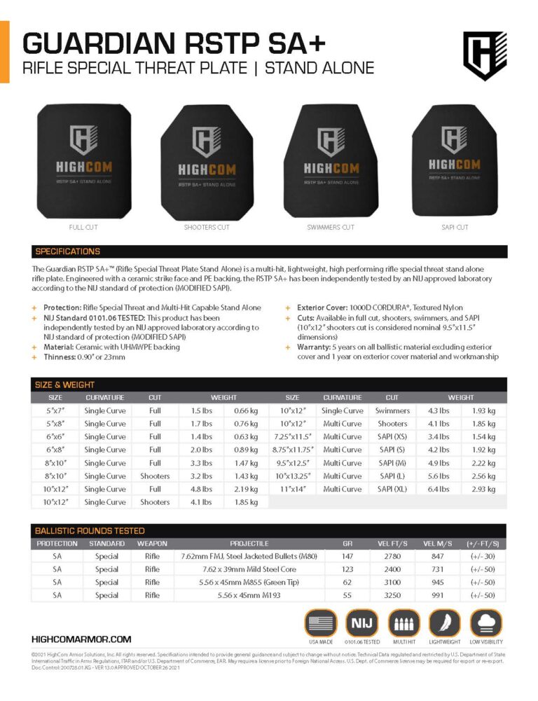 HighCom Armor Guardian RSTP SA+ Hard Armor Plate Product Spec PDF page