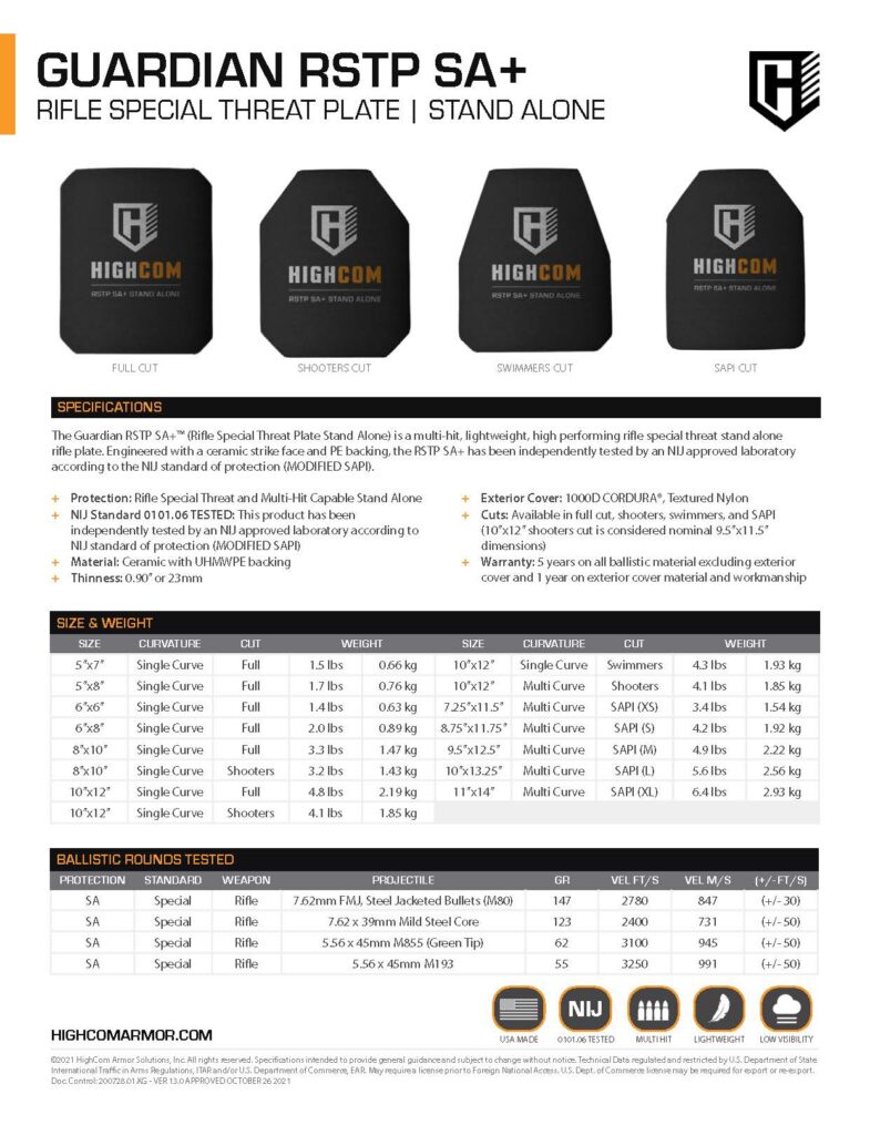 HighCom Armor Guardian RSTP SA+ Hard Armor Plate Product Spec PDF page