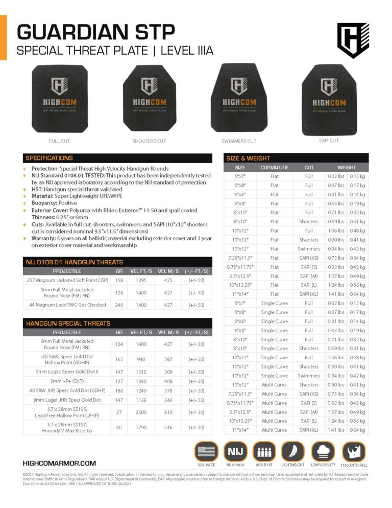 HighCom Armor Guardian STP Hard Armor Plate Product Spec PDF page