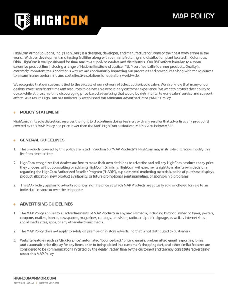 HighCom Armor MAP Policy