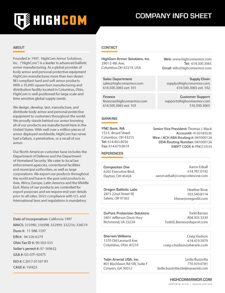 HighCom Armor Company Info Sheet
