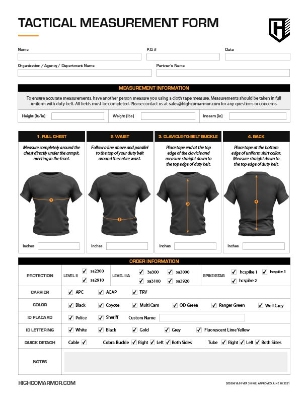HighCom Armor Tactical Measurement Form for body and body armor order information PDF