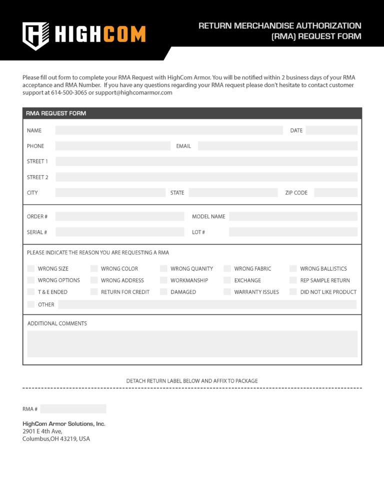 HighCom Armor RMA Request General