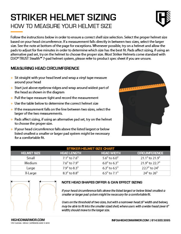 HighCom Armor Striker Helmet Sizing Guide and How to Measure Your Helmet Size Instructions in PDF