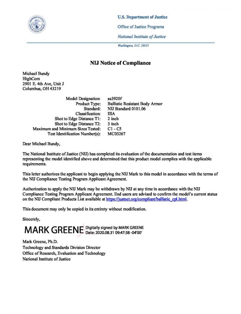 sa3920F Compliance Letter, NIJ Std 0101-06