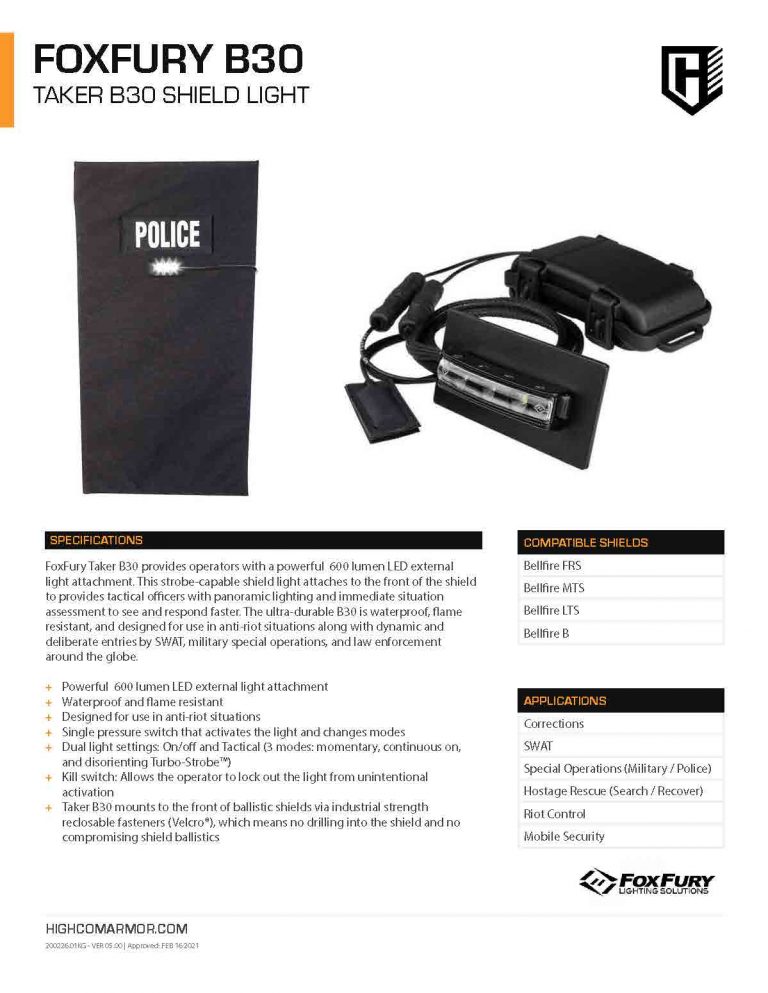 HighCom Armor Foxfury B30 taker Shield Light Product Spec PDF