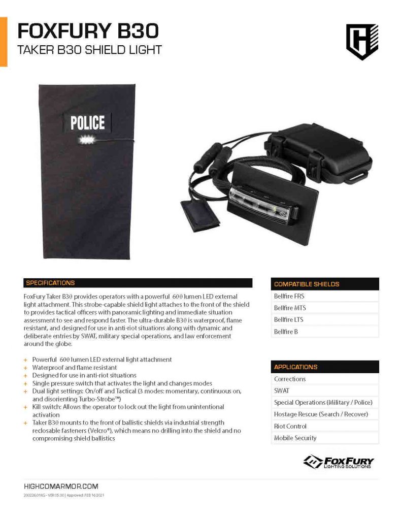 HighCom Armor Foxfury B30 taker Shield Light Product Spec PDF
