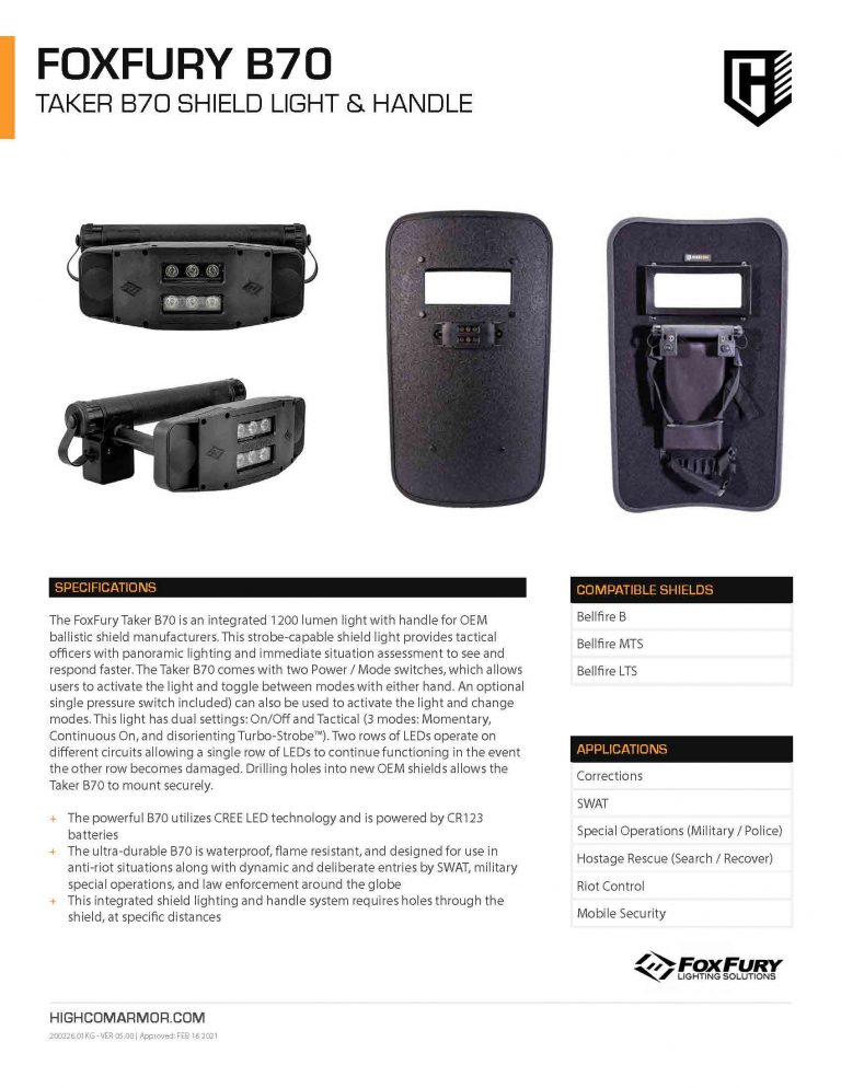 HighCom Armor Foxfury B70 taker Shield Light Product Spec PDF