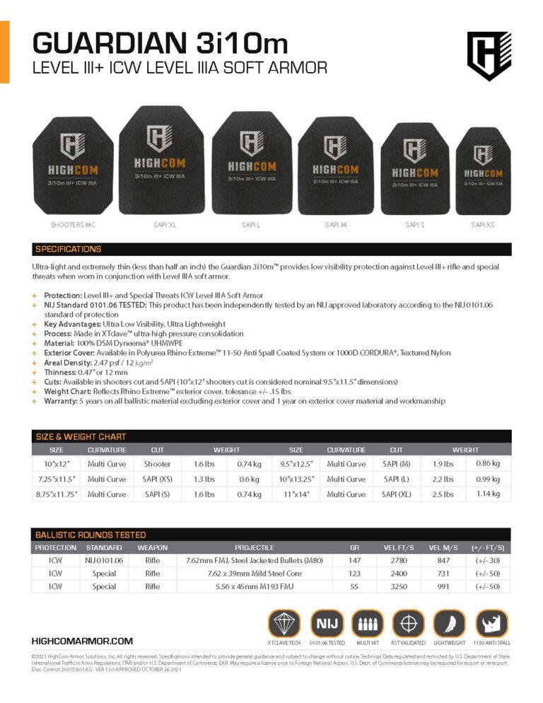 HighCom Armor Guardian 3i10m Hard Armor Plate Product Spec PDF page
