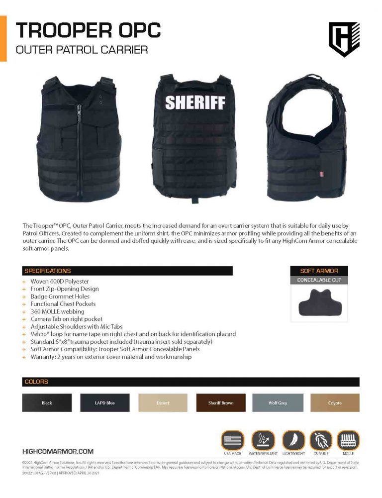 HighCom Armor Trooper OPC Outer Patrol Carrier Product Spec Sheet PDF