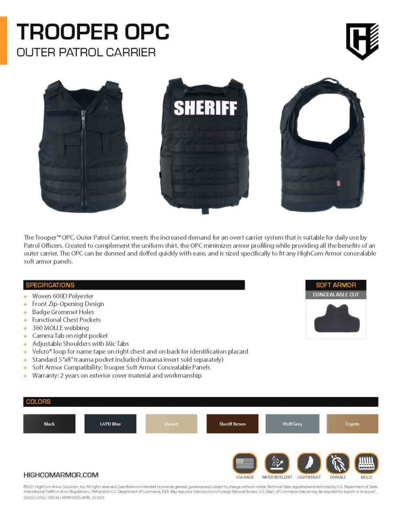 HighCom Armor Trooper OPC Outer Patrol Carrier Product Spec Sheet PDF
