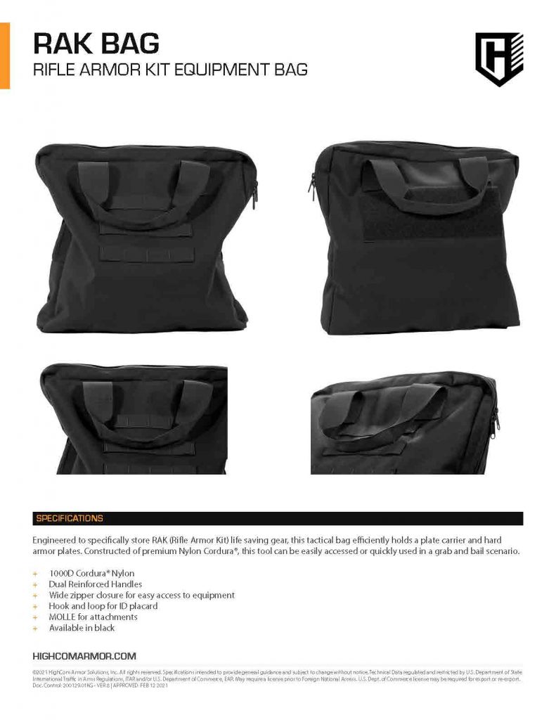 HighCom Armor RAK Rifle Armor Kit Equipment Bag Product Spec Sheet PDF