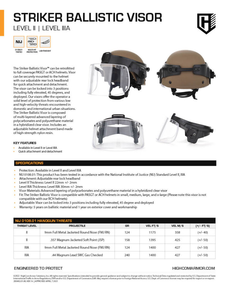 Striker Ballistic Visor Product Spec