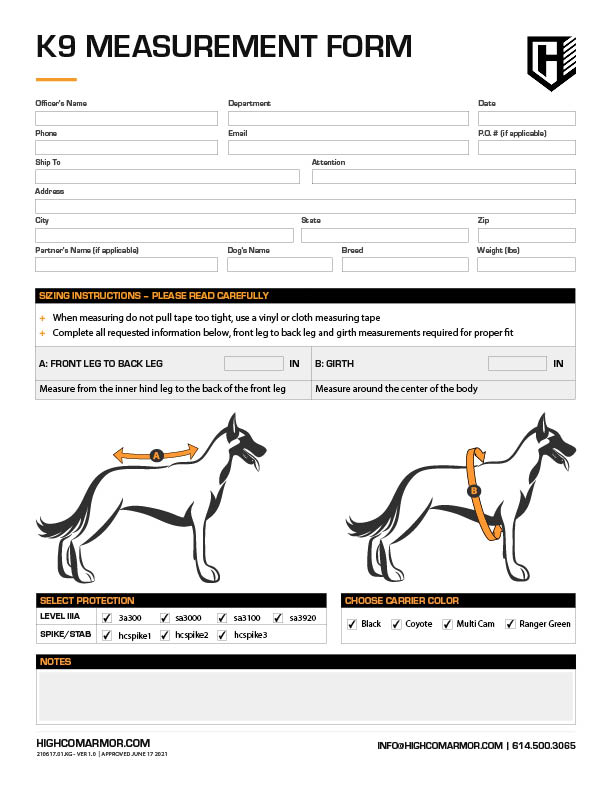 HighCom Armor K9 Service Dog Measurement Form for Customizable Trooper Carrier and Soft Armor PDF