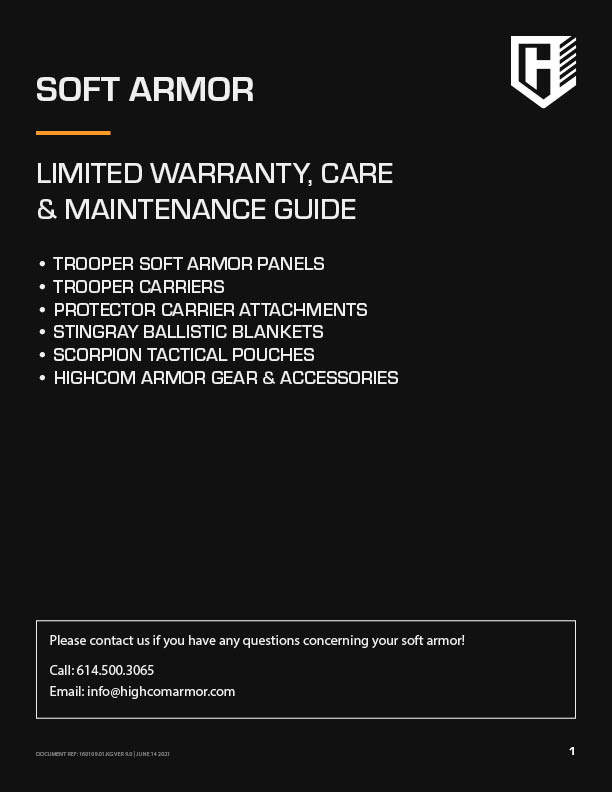 HighCom Armor Soft Armor Limited Warranty Care Maintenance Guide Cover Page