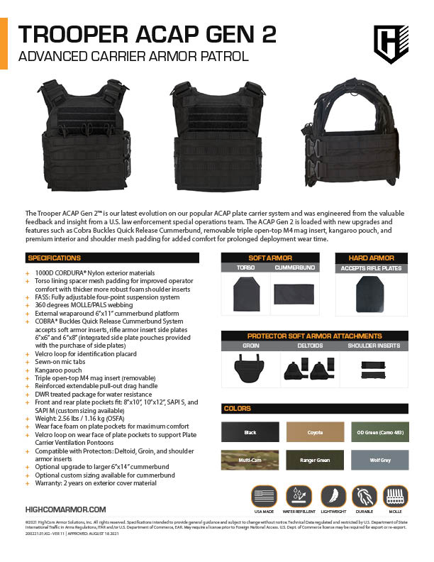 HighCom Armor Trooper ACAP Gen 2 Plate Carrier Product Spec PDF