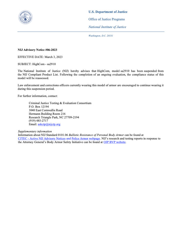 Trooper sa2910 NIJ Notice